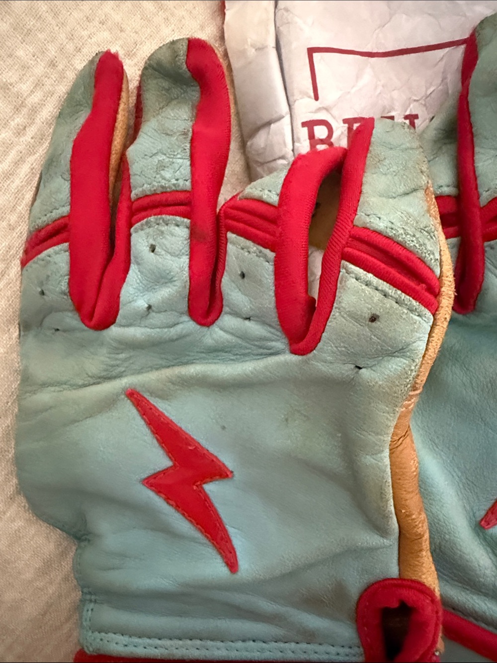 Bruce bolt Ym &xl Leather Work baseball gloves in Tan, Baby Blue & Red - Picture 2 of 14